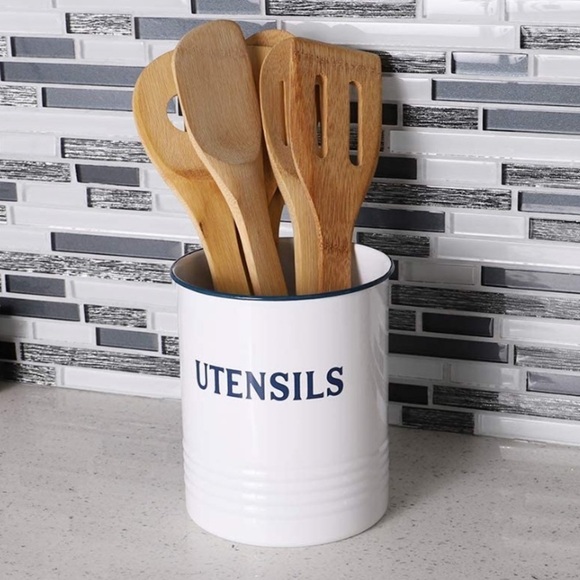 Utensil Holder Vintage Style Metal 5" x 5" x 6" White/Blue - Picture 2 of 11